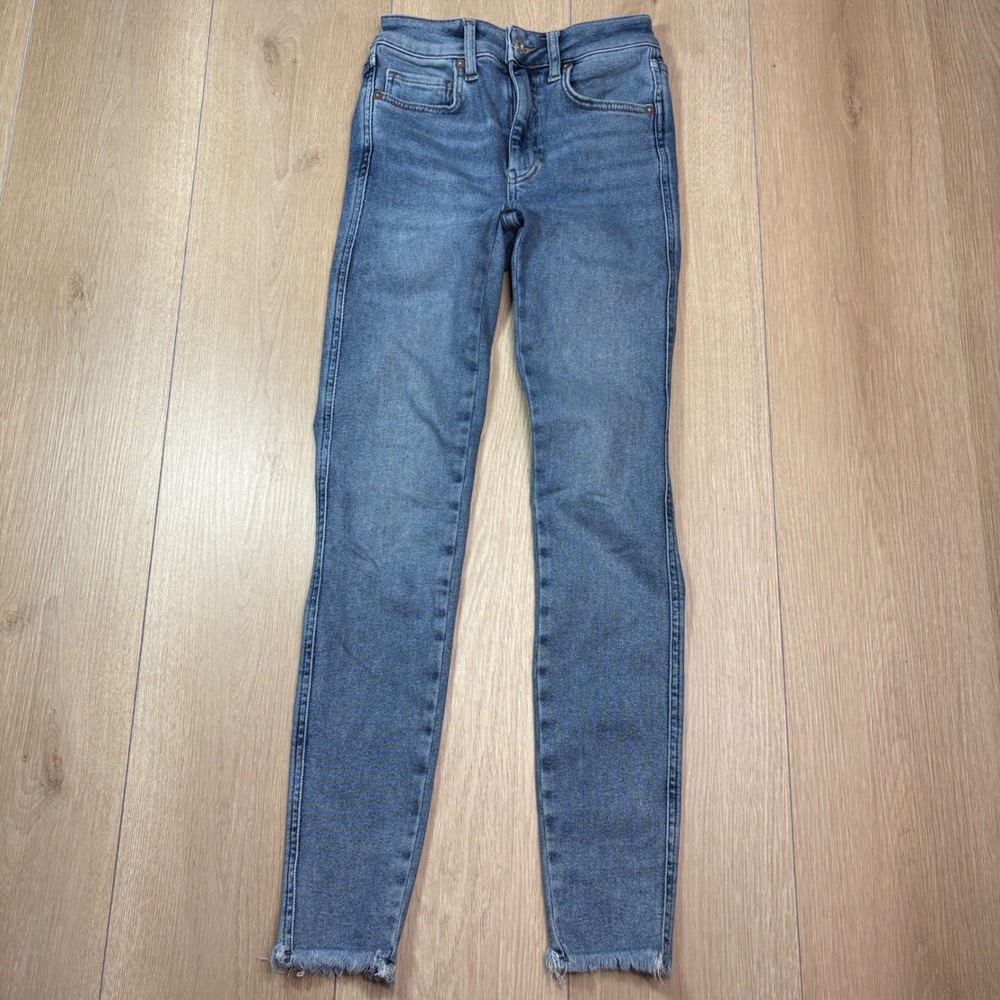 We The Free People Skinny Jeans Blue High Rise Frayed Raw Hem Size 25